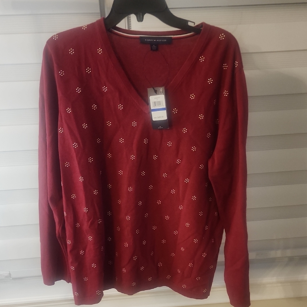 Tommy Hilfiger Knit Sweater Red Long Sleeve V-Neck Embroidered Size XL